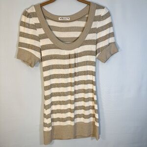 Forever Cream Gold Glitter Striped Blouse Sweater Short Sleeve Knit Stretch Sz M